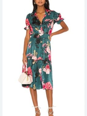 Misa Los Angeles Emerald Green Floral Midi Dress with Pink Blooms